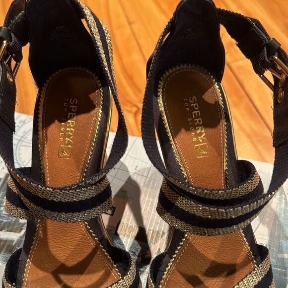 Sperry Top-Sider Harbordale navy/gold web buckle ankle strap cork wedges. 6M NIB - Picture 7 of 8